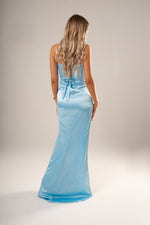 Baby blue satin mermaid dress with wavy neckline with straps for hire