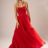 Strapless bustier red princess dress for hire