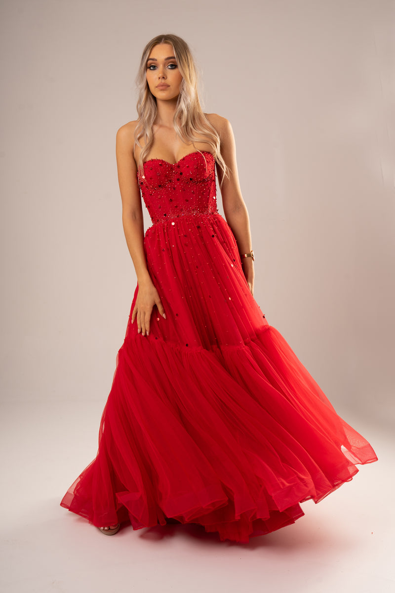 Kamila strapless bustier red princess dress for hire