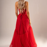 Strapless bustier red princess dress for hire