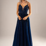 Sparkling navy blue 3D flower princess dress for hire