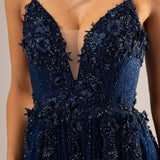 Sparkling navy blue 3D flower princess dress for hire