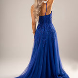Sparkling royal blue beaded 3D flowers princess dress