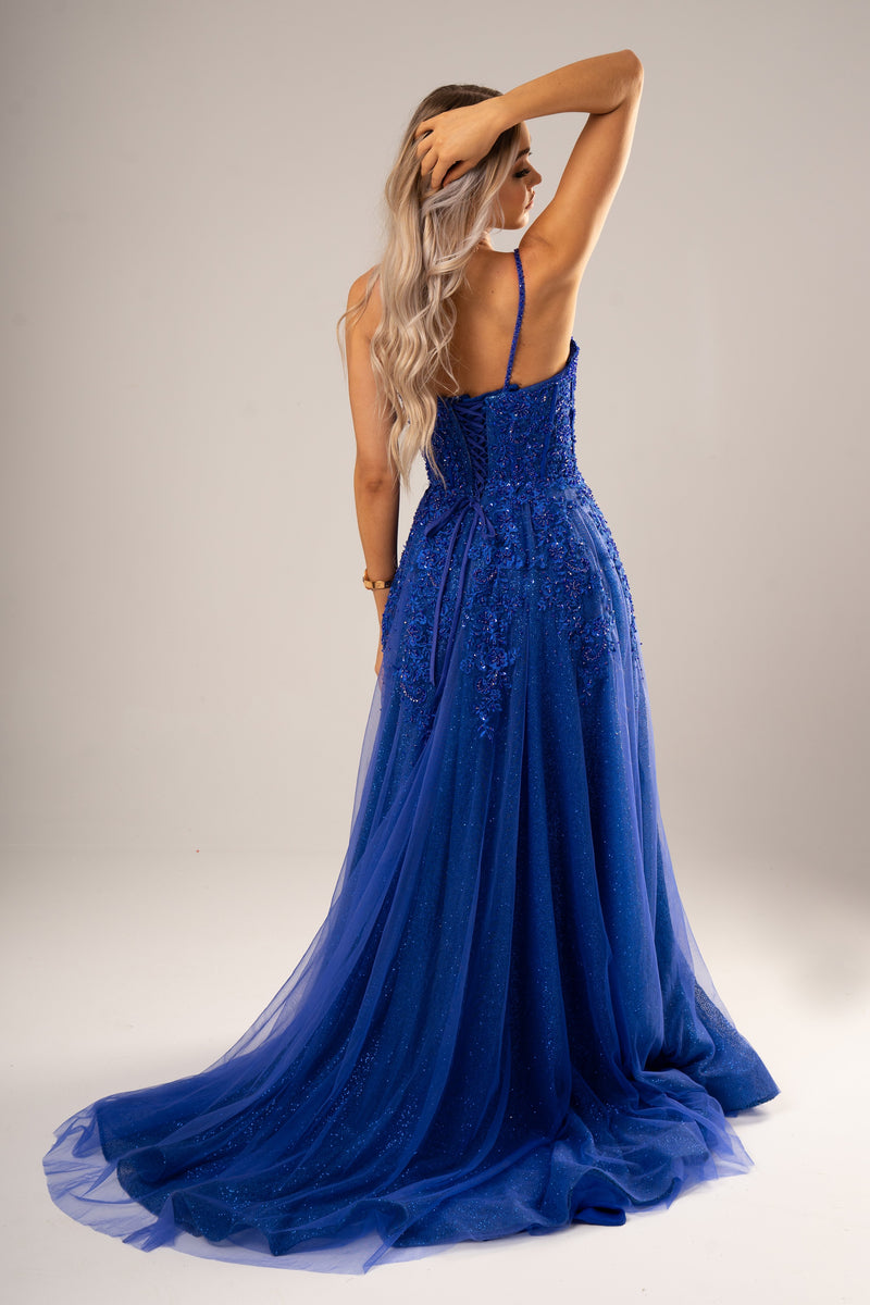 Sparkling royal blue beaded 3D flowers princess dress for hire