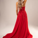 Red bustier top tulle dress with slit for hire
