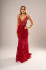 Alissa Deep Red V neckline with Open back mermaid dress for hire
