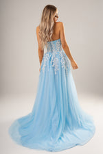 Baby blue tulle bustier strapless princess dress with slit