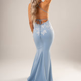 Baby Blue vine stretch knit Deep-V mermaid dress (sales)