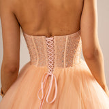 Sparkling peach nude bustier dress for hire