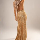 Sparkling gold deep v haulter neck mermaid dress with high slit for hire