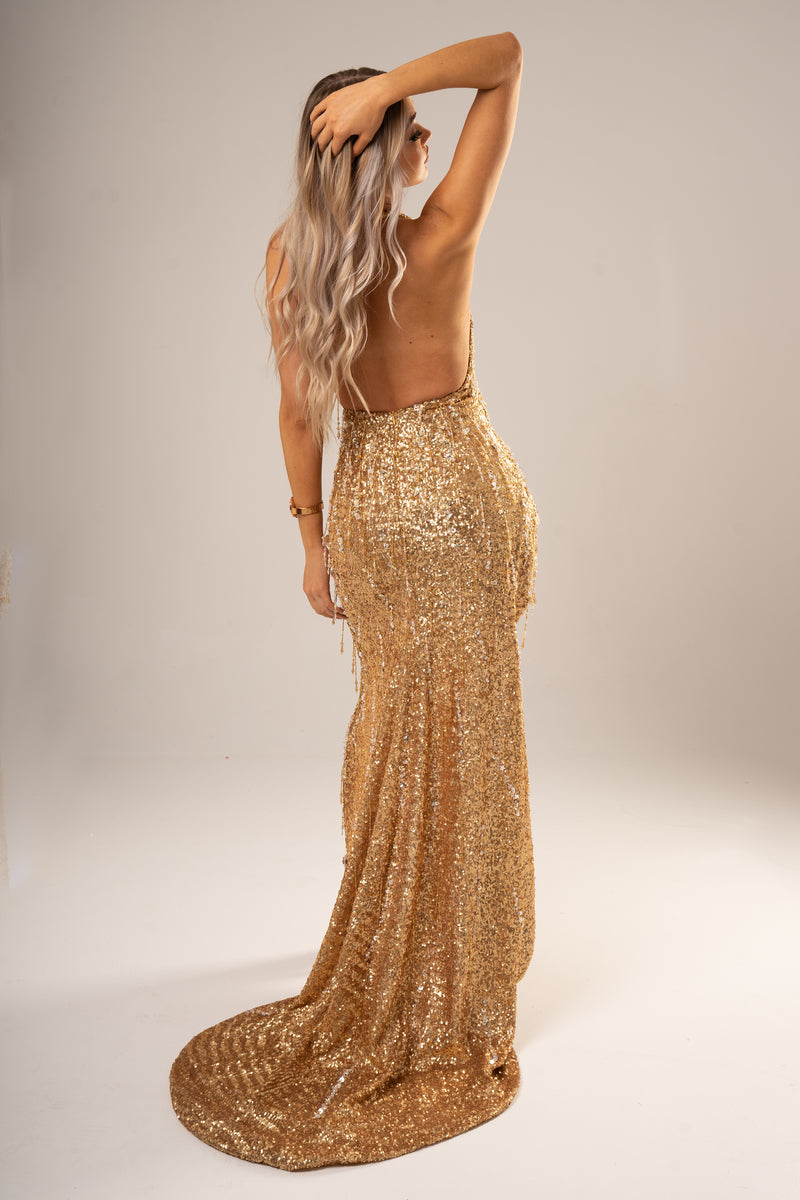 Sparkling gold deep v haulter neck mermaid dress with high slit for hire