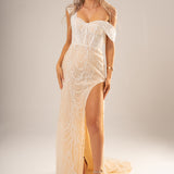 Nude with sparkling lace and beads all over the mermaid dress for hire