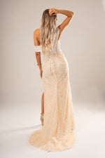 Gabriela nude with sparkling lace and beads all over the mermaid dress for hire