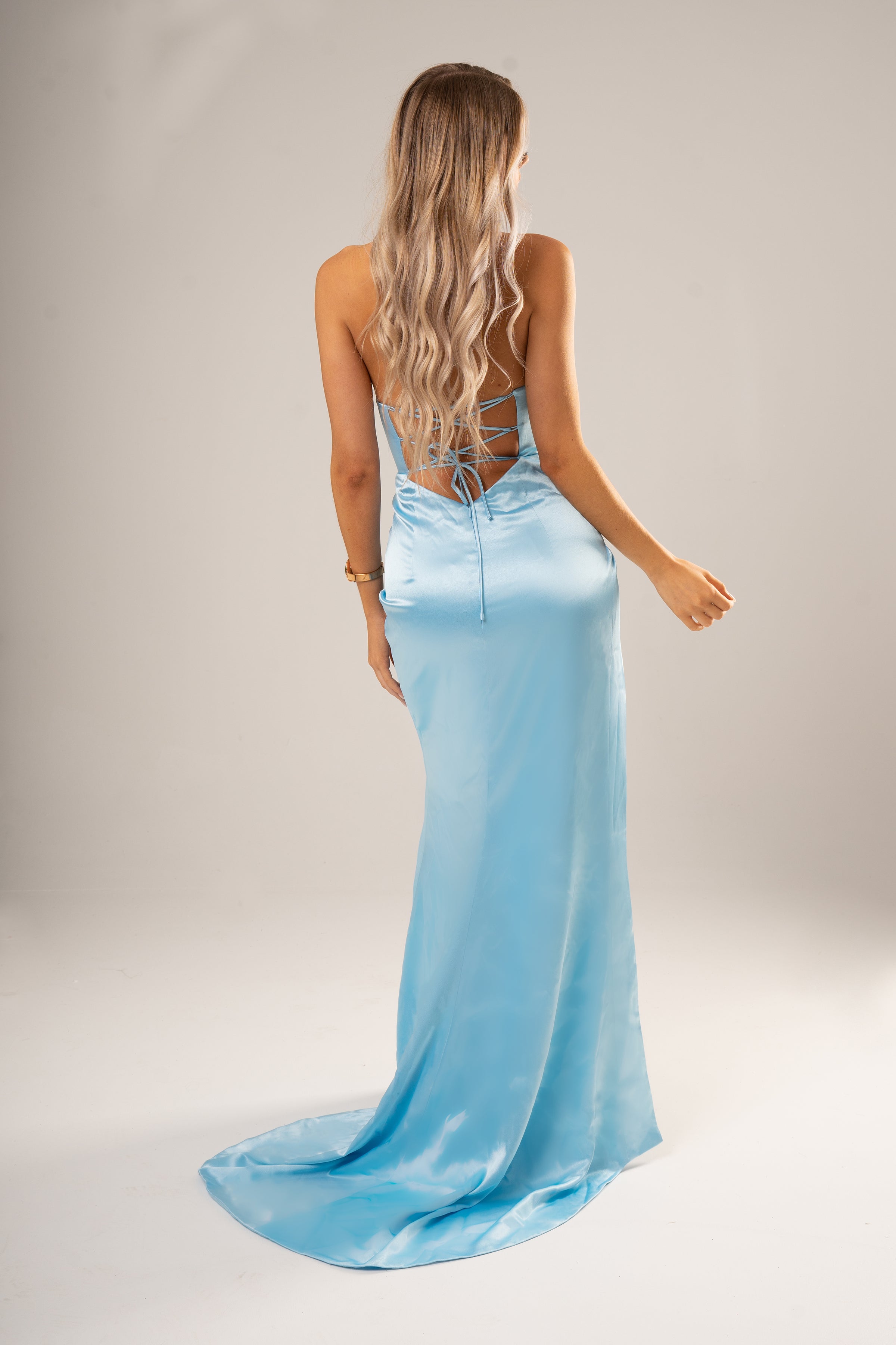 Skye Baby Blue Satin with crescent moon and a high slit – Destiny Chic