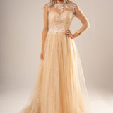 Sparkling light gold tulle with beads all over princess dress with sleeves for hire