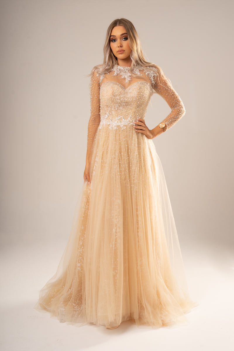 Tori sparkling light gold tulle with beads all over princess dress with sleeves for hire