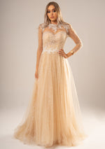 Sparkling light gold tulle with beads all over princess dress with sleeves (sample sale)