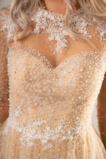 Tori sparkling light gold tulle with beads all over princess dress with sleeves for hire