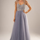 Deep purple with sparkling jewel lace and tulle skirt princess dress for hire