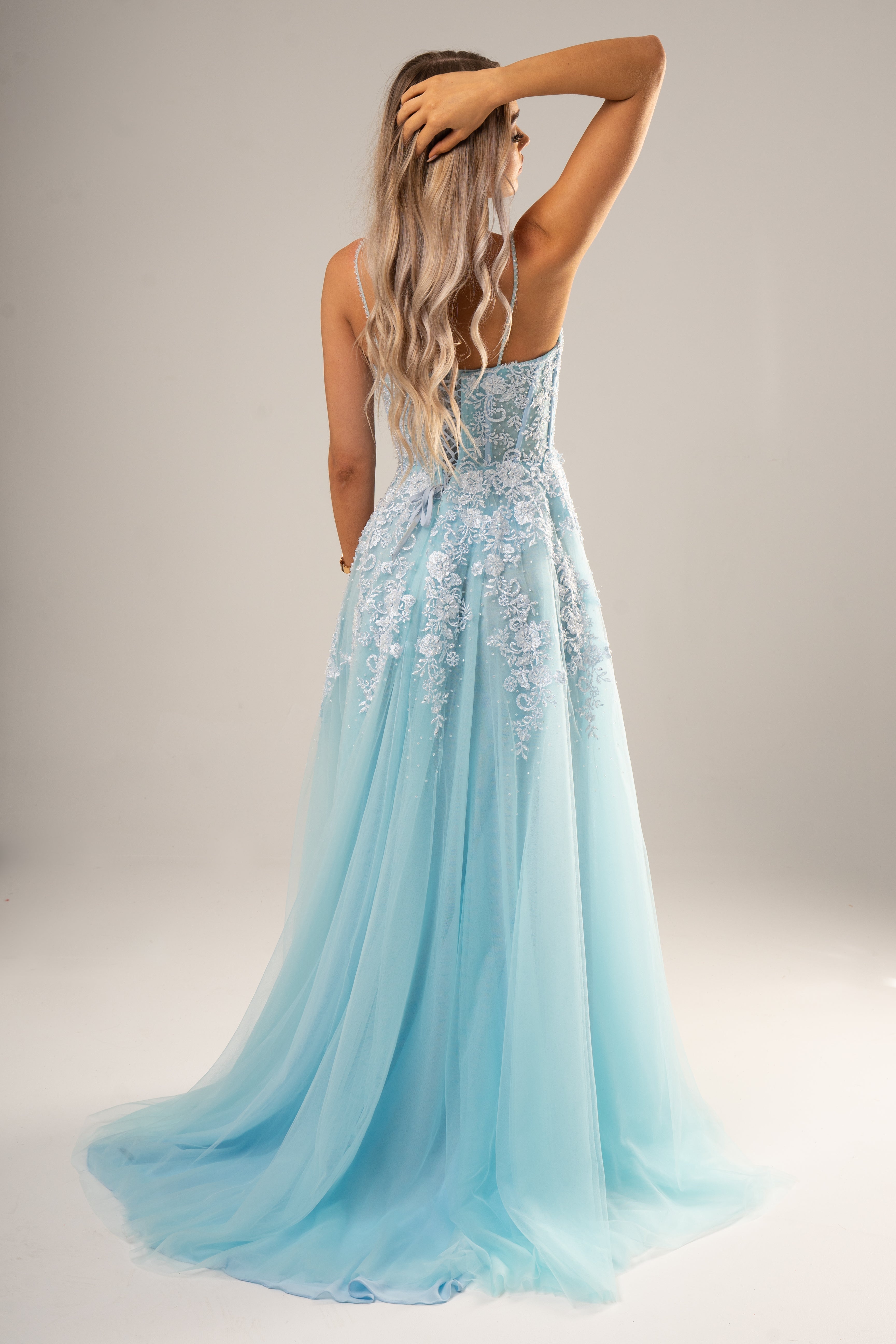 Baby blue tulle corset lace princess dress with lace up back for hire Destiny Chic Baby blue tulle corset lace princess dress with lace up back for hire Destiny Chic