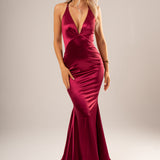 Red wine satin dress with deep v neckline for hire