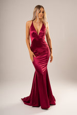 Rebecca red wine satin dress with deep v neckline for hire