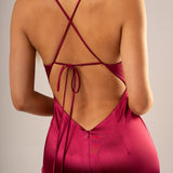 Red wine satin dress with deep v neckline for hire