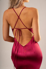 Rebecca red wine satin dress with deep v neckline for hire