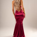 Red wine satin dress with deep v neckline for hire
