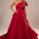 Dark red satin princess dress with one on the shoulder for hire