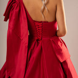 Dark red satin princess dress with one on the shoulder for hire