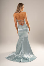 Steel blue satin dress with beaded top and leg split for hire