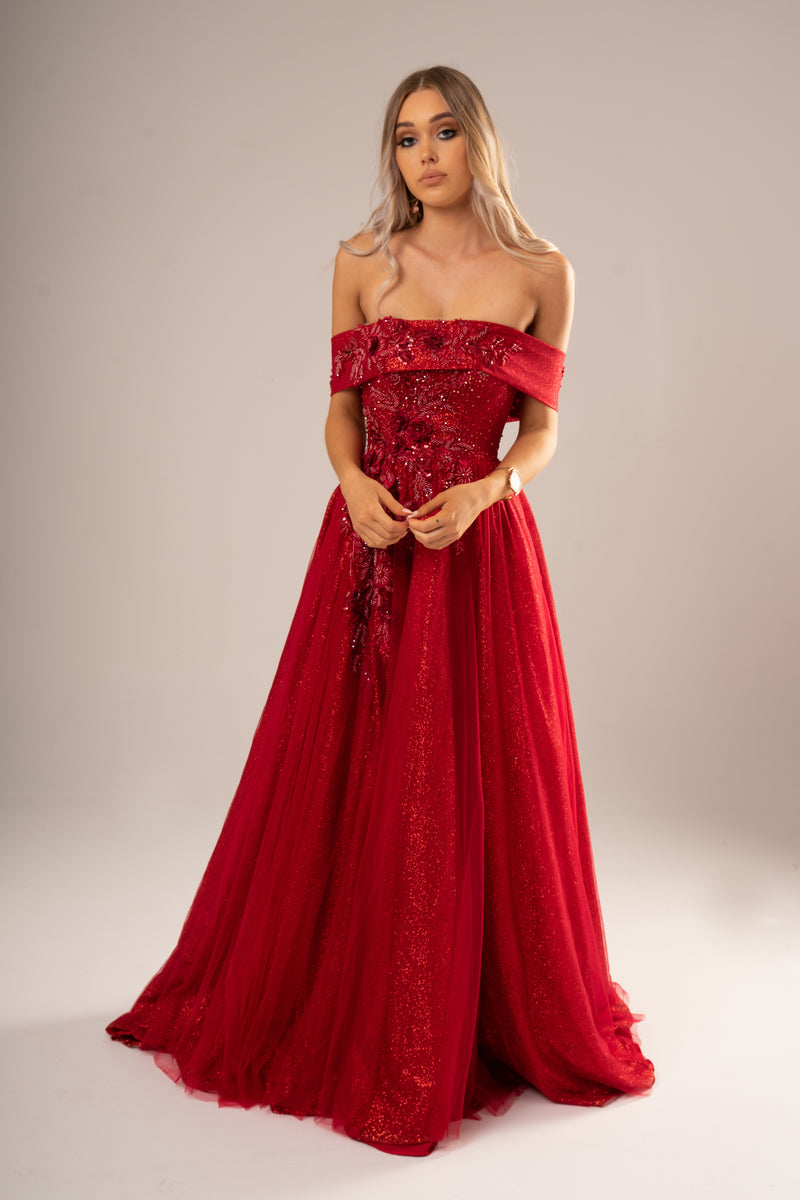 Beatrice dark red sparkling princess dress with 3D flowers for hire