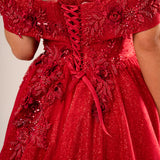 Beatrice dark red sparkling princess dress with 3D flowers for hire