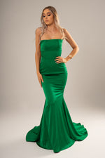 Green satin mermaid dress with a straight neckline and a criss cross back.