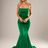 Green satin mermaid dress with a straight neckline and a criss cross back.