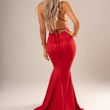 Red vine stretch knit Deep-V mermaid dress
