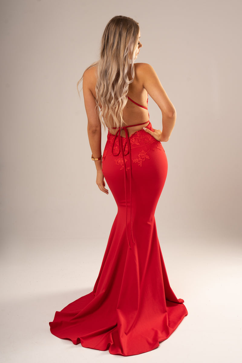 Adalyn Red vine stretch knit Deep-V mermaid dress