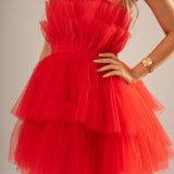 Red pleated layered high and low tulle dress