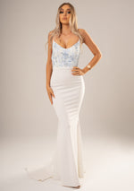 White mermaid dress with baby blue flower lace on the bodice (sample sale)