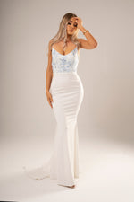 White mermaid dress with baby blue flower lace on the bodice for hire