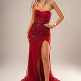 Sparkling dark red mermaid dress with bustier top for hire