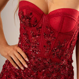Sparkling dark red mermaid dress with bustier top for hire