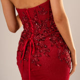 Sparkling dark red mermaid dress with bustier top for hire