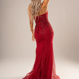 Sparkling dark red mermaid dress with bustier top for hire