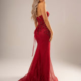 Sparkling dark red mermaid dress with bustier top for hire
