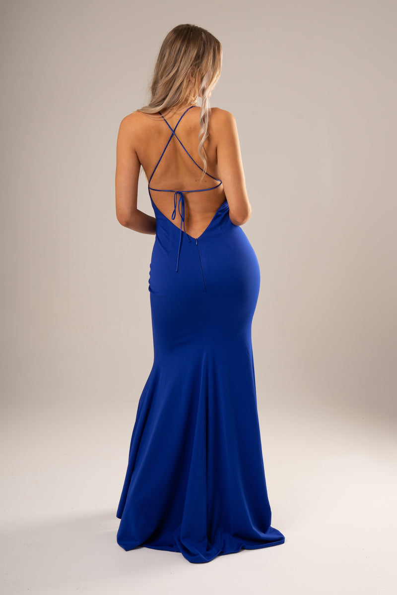 Royal blue stretch knit wrap front dress (sample sale)