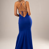 Royal blue stretch knit wrap front dress for hire