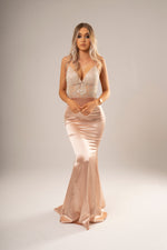 Rose gold satin mermaid dress with gold lace top