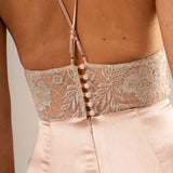 Rose gold satin mermaid dress with gold lace top for hire